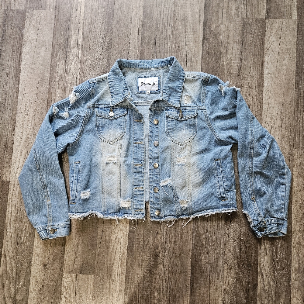 Between Us Distressed Denim Button Up Jacket